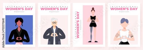 International Womens Day poster set. Inspire inclusion 2024 campaign. Group of women of different ethnicity, age, body type, hair color vector illustration in faceless flat style.