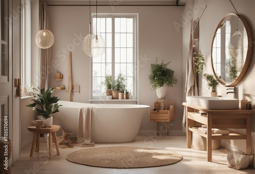 Boho Scandinavian style in home interior background Beige bathroom with natural wooden furniture 