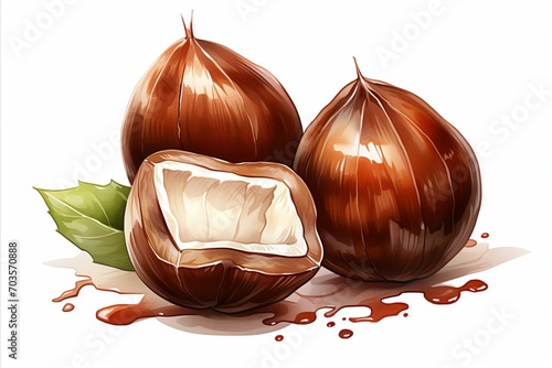 Close-up of Ripe Sweet Chestnuts. Freshly Husked, Delicious Seasonal Treat. Watercolour Drawing photo