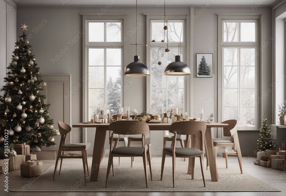 Fototapeta premium Christmas tree in modern dinning room interior Scandinavian farmhouse style 3d rendering