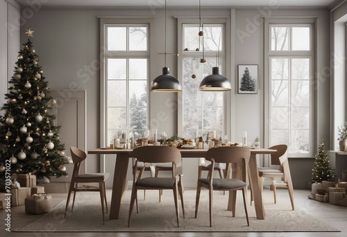 Christmas tree in modern dinning room interior Scandinavian farmhouse style 3d rendering
