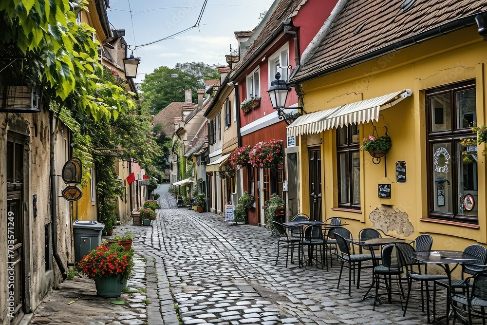 Old-world cobblestone street with quaint cafes