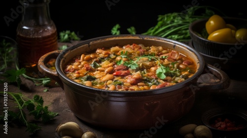Asturian bean stew, food photography, 16:9