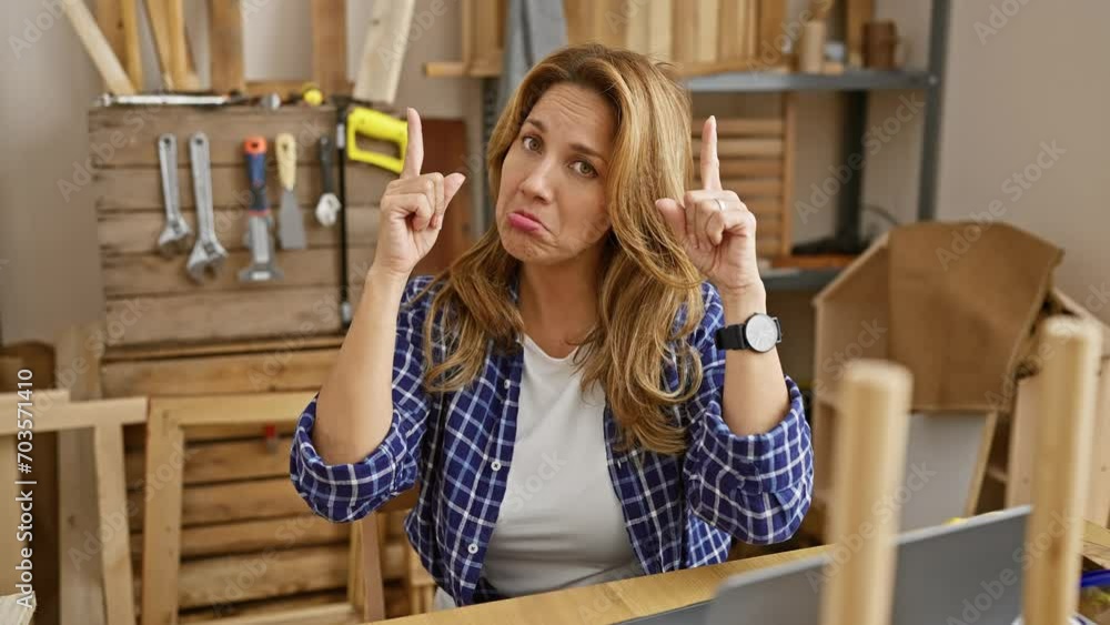Beautiful latin woman, pointing up and looking sad, sits at carpentry table with upset expression