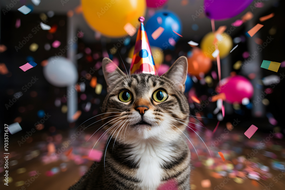Happy cute cat in a party hat enjoys and celebrates a birthday surrounded by falling confetti and balloons. Pet birthday concept on bright background.