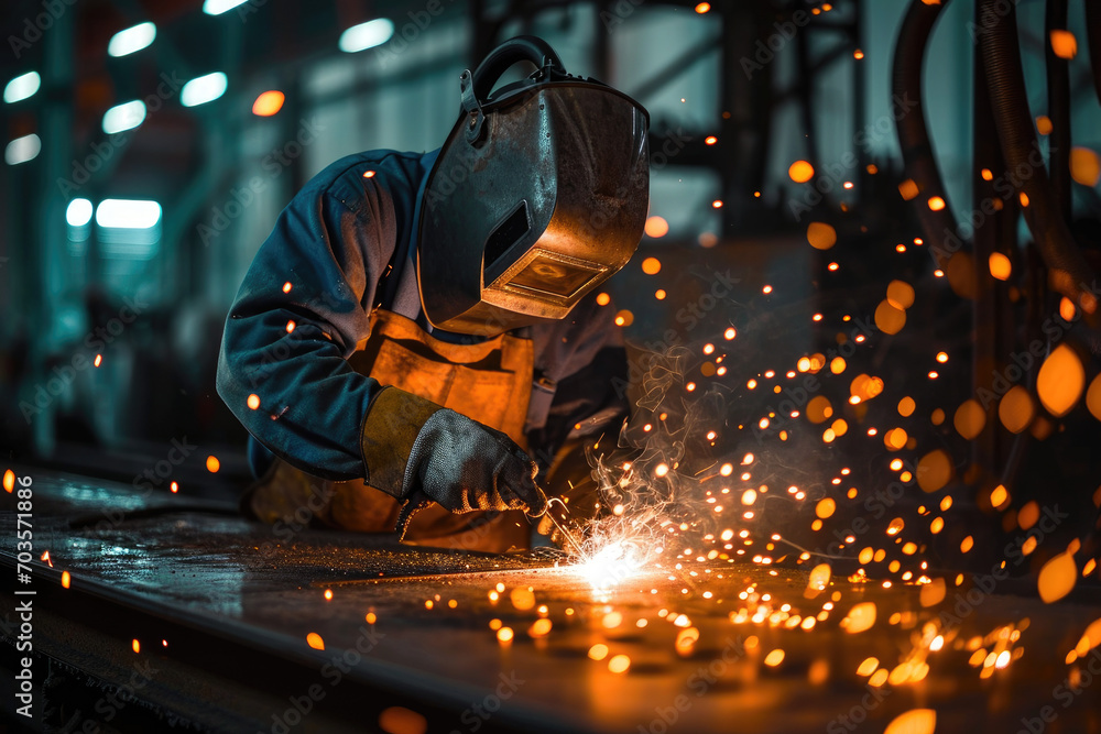 Worker while doing a welding with arc welder Worker while doing a welding with arc welder