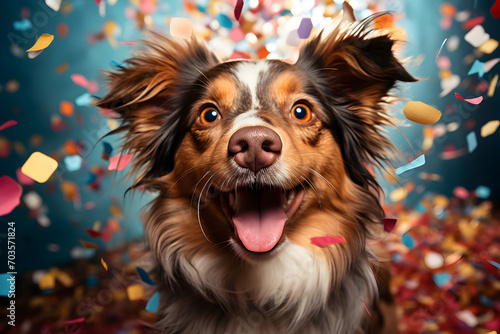 Happy cute dog Border Collie enjoys and celebrates a birthday surrounded by falling confetti. Pet birthday concept on bright background. © AnaWein