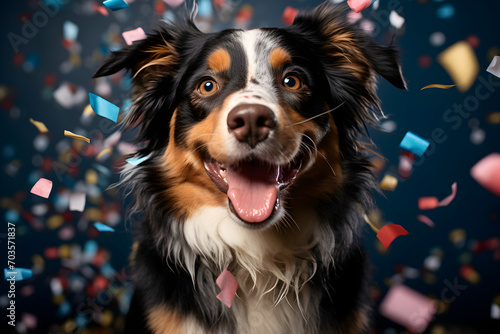 Happy cute dog Border Collie enjoys and celebrates a birthday surrounded by falling confetti. Pet birthday concept on dark blue background.