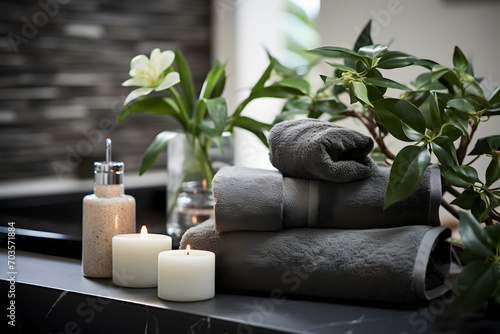 Spa setting accessories with gray towels, zen smooth river stones, massage oil, aroma candles, green plants and flowers, banner on dark background. Wellness composition concept.