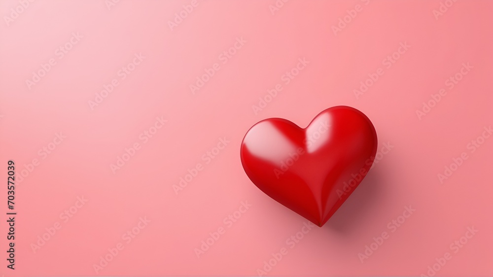 Valentine day background with shiny red heart on pink table top view. Minimalistic greeting card.