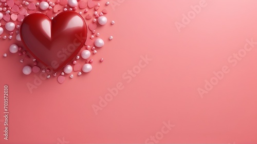 Valentine day background with shiny red heart on pink table top view. Minimalistic greeting card. © Mariana