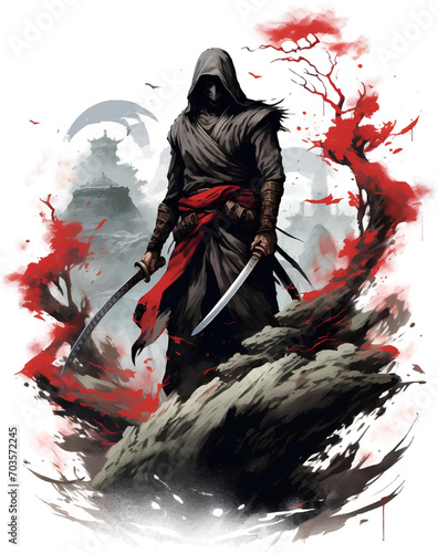 T-shirt design, digital illustration showing a ninja carrying a long sword