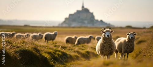 Sheep at Mont-Saint-Michel in France's salt marshes. photo
