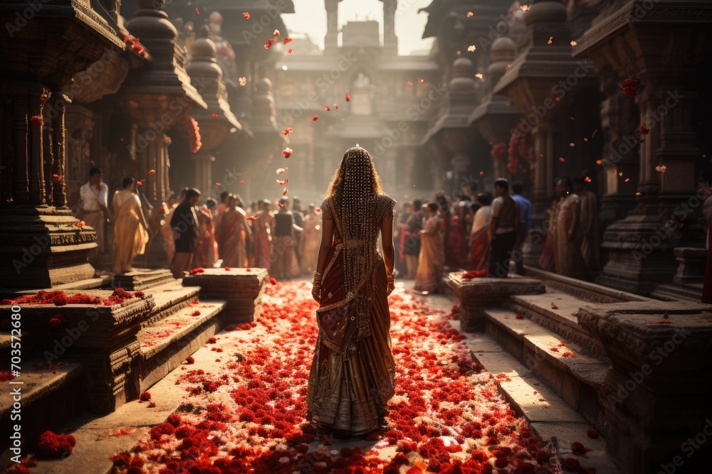 The essence of a traditional Hindu wedding ceremony in India, set against the backdrop of a picturesque temple adorned with intricate details. The bride, dressed in a resplendent red silk saree.
