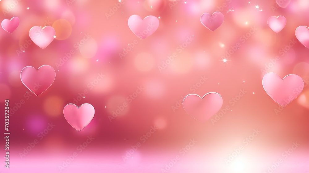Geometric Fantasy Hearts Valentines Day 3D Pink Background with Bokeh and Copy Space. Banner