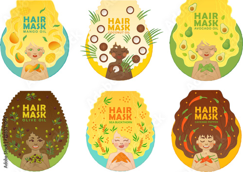 Hair mask packaging design on white background. Cute cartoon illustration of pretty girls with long hair for product label photo