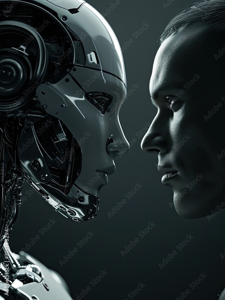 AI vs. Human: A Captivating Stare Down in Dramatic Light. Robot and Human Locked in a Stare Down Contest. AI vs. Human: A Captivating Stare Down in Dramatic Light. Robot and Human Locked in a Stare Down Contest.