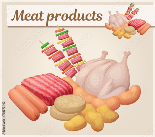 Meat products vector icons set. Chilled semi-finished food collection of ground meat, cutlets raw kebab, nuggets turkey sausages. Semi-products cartoon illustration of meat ingredients for cooking