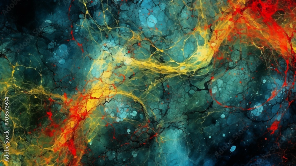 Abstract Colorful Background with Red, Orange and Blue, in the Style of Dark Matter Art, Dark Turquoise Yellow Cosmic Theme