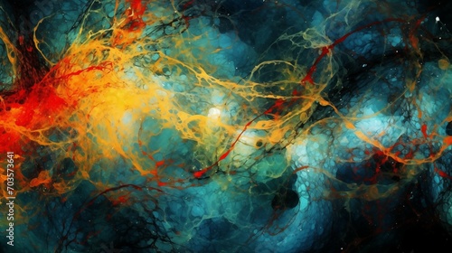 Abstract Colorful Background with Red, Orange and Blue, in the Style of Dark Matter Art, Dark Turquoise Yellow Cosmic Theme