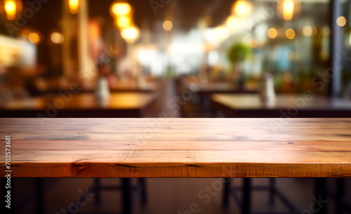 Lights  bokeh creates a blurred backdrop behind the empty wooden table