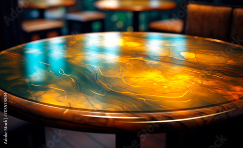 Blurred background with bokeh lights complements the empty wooden tabletop.