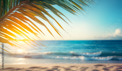 During summer on the tropical island  palm tree branches provide shade on the sandy beaches.