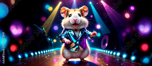 Hamster dançarino usando blazer numa festa badalada com muitas luzes.