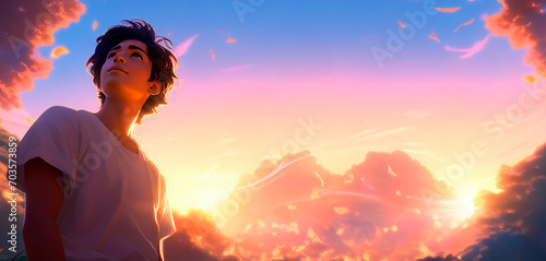 Arte de um jovem rapaz olhando para o alto, com lindas nuvens e um céu ao por do sol de fundo. photo
