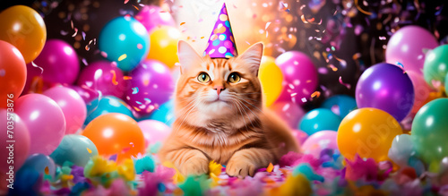 Gato laranja deitado, comemorando seu aniversário, usando um chapéu de parabéns, com vários balões ao seu redor. photo