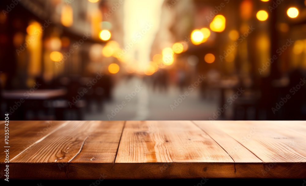 Lights' bokeh creates a blurred backdrop behind the empty wooden table Lights' bokeh creates a blurred backdrop behind the empty wooden table