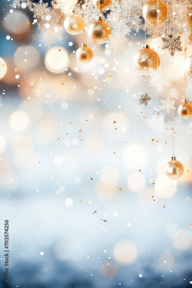 christmas glittering gold tinsel with blurred background with snowflakes christmas glittering gold tinsel with blurred background with snowflakes