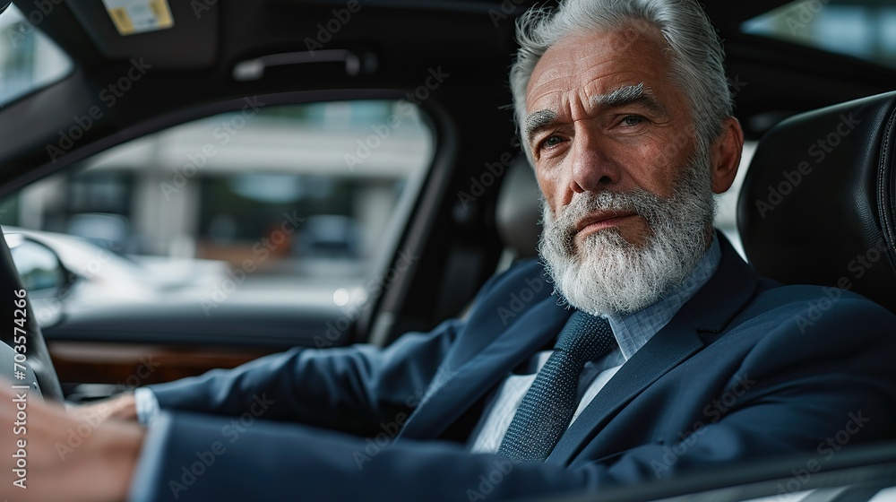 Confident senior bearded businessman driving a car to work state Confident senior bearded businessman driving a car to work state