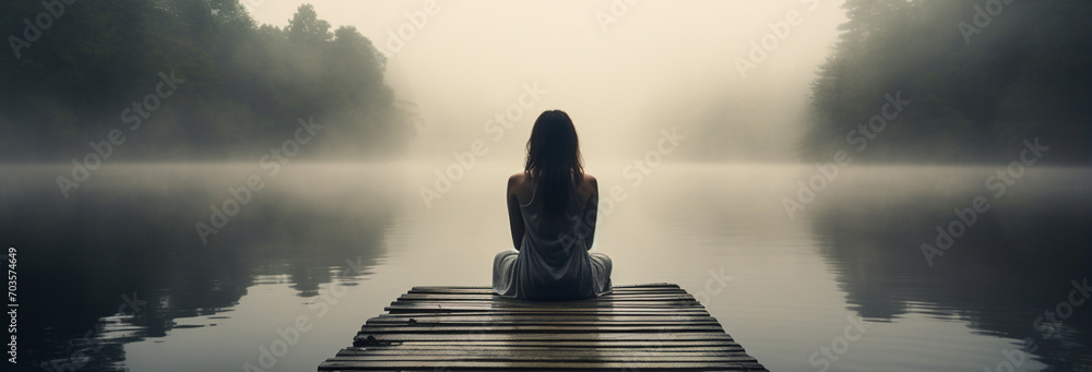 Naklejka premium young woman in lotus pose on wooden jetty at lake