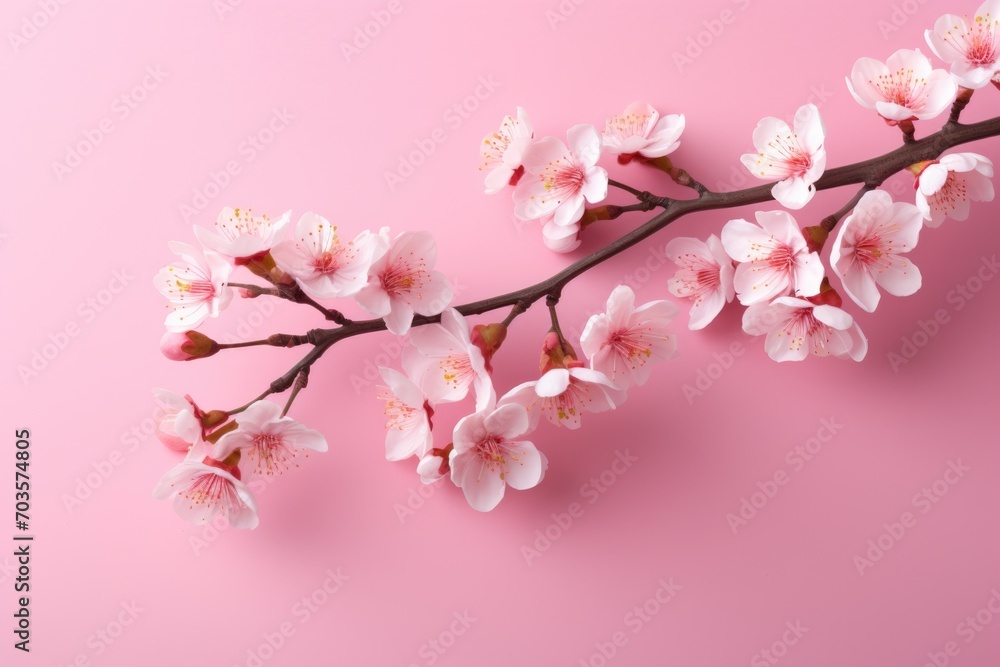 Sakura branch on a pink background with delicate flowers in bloom.