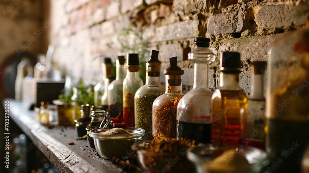 a row of bottles filled with spices a row of bottles filled with spices