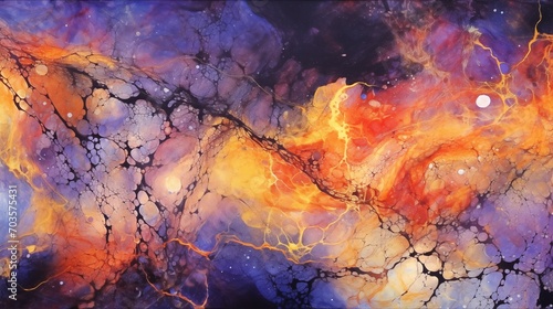 Abstract Art in Purple, Gold and Orange, Luminous Watercolors, Serene Nebula Ink Paintings