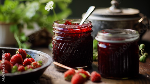 stawberry red berry marmalade jam homemade traditional in jar with some fresh fruits on the table