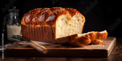 Easter butterbread with sugar syrup on the top cutted the first slice black background isolated lighting photo