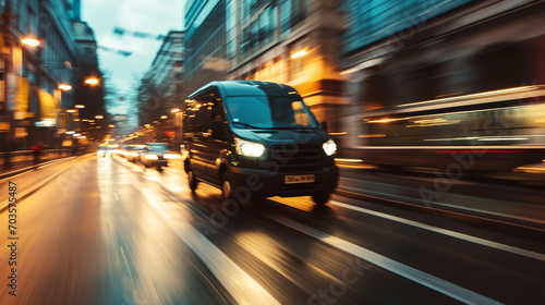 a van driving down a city street at night time