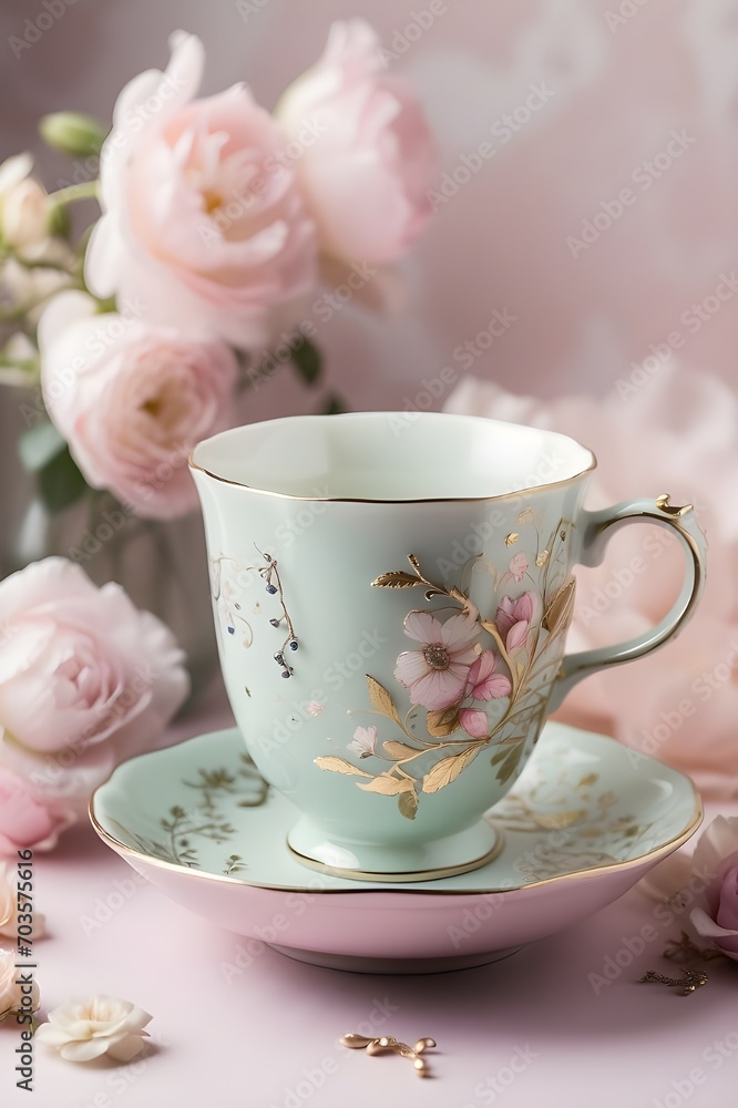cup of tea and pink rose -Ai generator cup of tea and pink rose -Ai generator