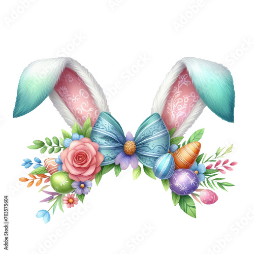 Watercolor Bunny Ears with Flowers Clipart