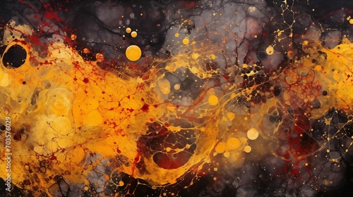 Abstract Painting with Dark Yellow Gold Red and Orange Splashes, Fluid Cosmic Space Style Canvas Art, Black Background