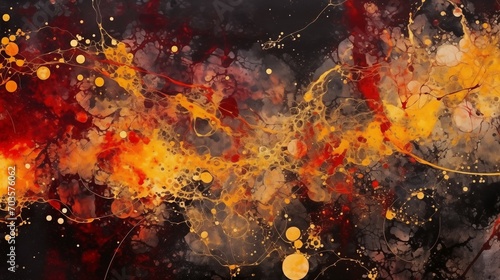 Abstract Painting with Dark Yellow Gold Red and Orange Splashes, Fluid Cosmic Space Style Canvas Art, Black Background