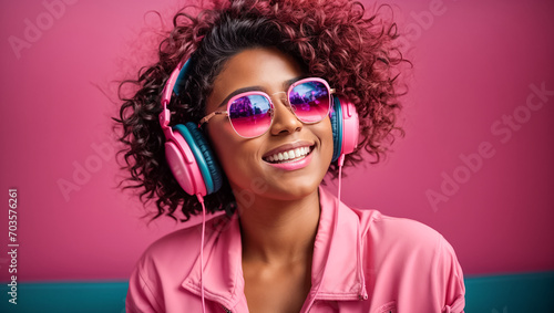 Beautiful smile girl in headphones listens to music