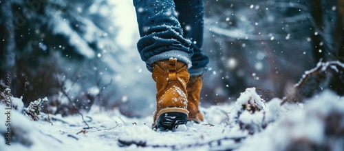 Man wearing warm winter boots walks in snow. © 2rogan
