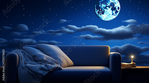 Sleep day, asleep and health problems, insomnia, soft bed time night lazy pillow comfort room, relax melatonin, woman man girl boy, moon star, banner copy space greeting card background. photo