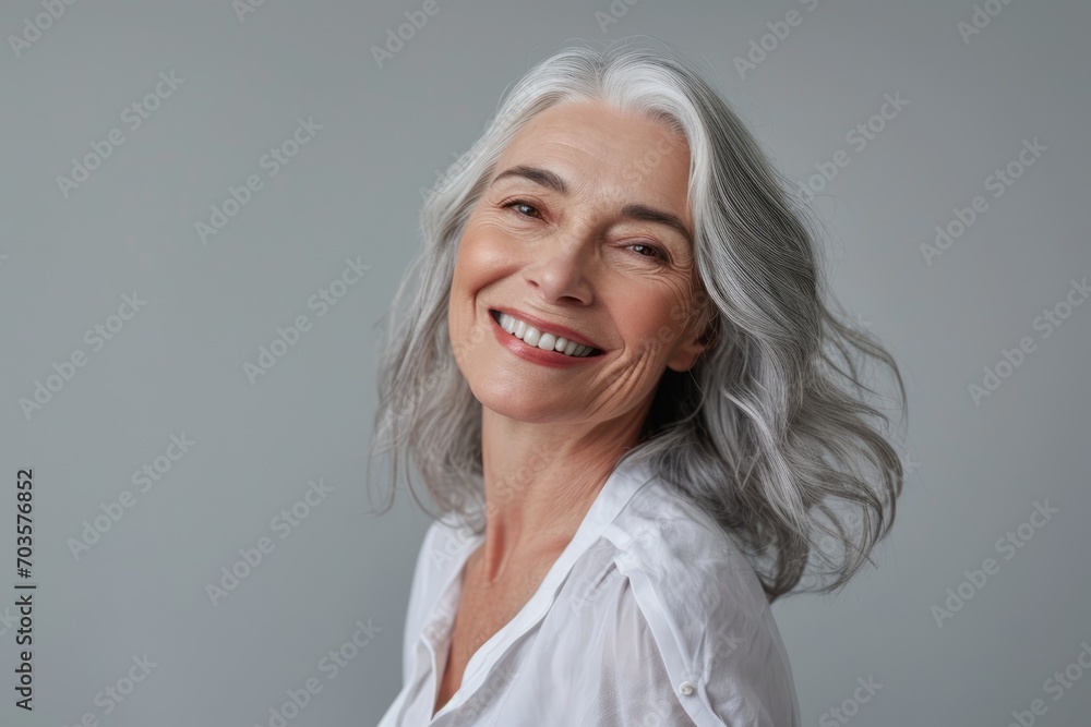 Fototapeta premium Portrait of a senior woman with gray hair. Health and self care for senior adults, mental health, retirement idea