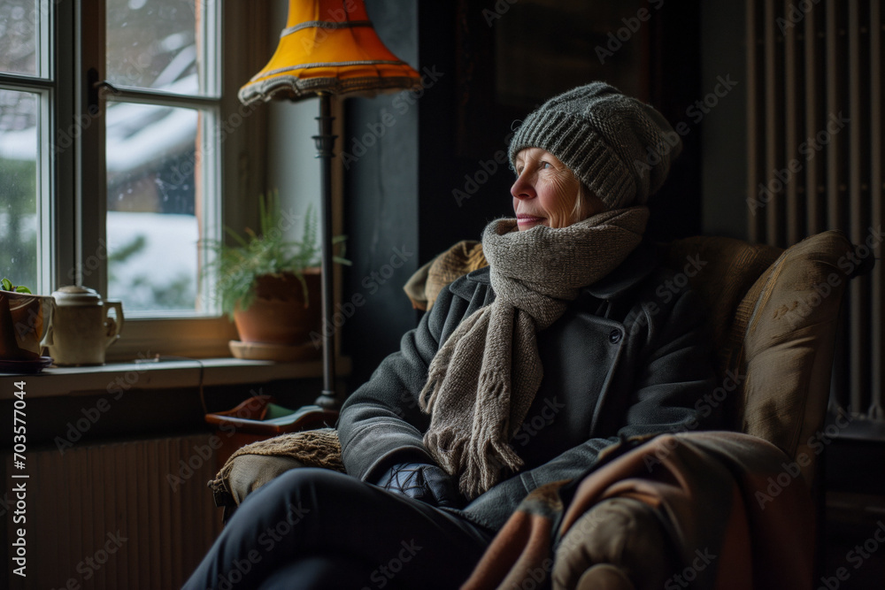 A poor woman in a winter coat, hat, scarf and gloves sits in an armchair in a cold room with no heat and electricity. A poor woman in a winter coat, hat, scarf and gloves sits in an armchair in a cold room with no heat and electricity.