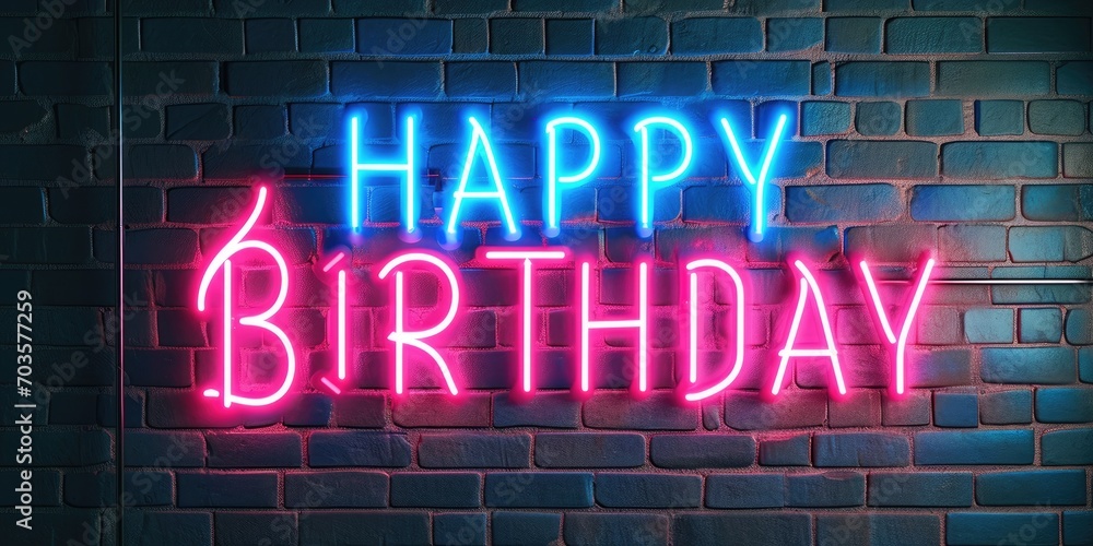 colorful neon happy birthday sign on brick wall background Generative AI